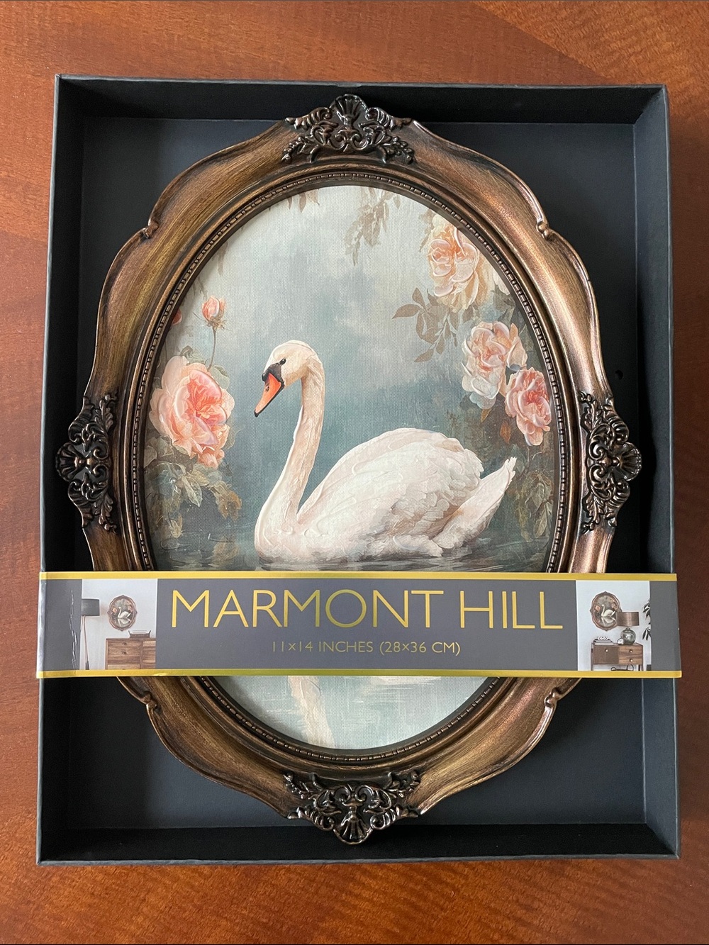 Marmont Hill Oval Swan Canvas Painting Print Wall Art in Ornate Bronze Frame